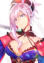 Rule 34 | asymmetrical hair, bad id, bad twitter id, bare shoulders, blue eyes, breasts, choker, collarbone, earrings, fate/grand order, fate (series), hair ornament, highres, jewelry, large breasts, magatama, miyamoto musashi (fate), miyamoto musashi (third ascension) (fate), pink hair, ryokucha (i cobalt), smile, solo