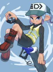 Rule 34 | 1girl, baseball cap, black shorts, blue background, blue eyes, blue hair, closed mouth, commentary request, e-liter 4k (splatoon), full body, gradient hair, gun, hat, highres, holding, holding gun, holding weapon, medium hair, multicolored hair, nastar r0, nintendo, octoling, octoling girl, octoling player character, ponytail, purple hair, shorts, simple background, smile, solo, splatoon (series), splatoon 3, tentacle hair, two-tone hair, weapon