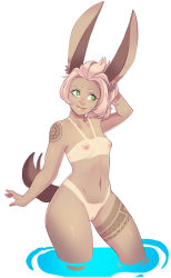 Rule 34 | 1girl, animal ears, arm up, bare shoulders, breasts, rabbit ears, rabbit tail, dark skin, dark-skinned female, green eyes, greenmarine, highres, lips, navel, nipples, pussy, simple background, small breasts, smile, solo, tail, tan, tanline, tattoo, thighs, uncensored, white background