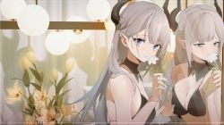 Rule 34 | 1girl, black bra, black collar, blue eyes, blush, borrowed character, bra, breasts, chinese commentary, cleavage, collar, collarbone, commentary request, copyright request, cross, cross necklace, crying, curtains, detached collar, dingding (chongsangjun), flower, from side, grey hair, hair between eyes, hand up, holding, holding flower, horns, indoors, jewelry, lamp, large breasts, long hair, looking at viewer, mirror, mirror image, necklace, pointy ears, shadow, sidelocks, solo, tears, underwear, upper body, white flower