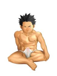 Rule 34 | 1boy, abs, black hair, bulge, erection, erection under clothes, full body, fundoshi, itto (mentaiko), japanese clothes, male focus, muscular, penis, simple background, sitting, solo, underwear, white background