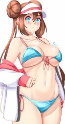 Rule 34 | 1girl, anisdrawn, bare shoulders, bikini, blue bikini, blue eyes, blush, breasts, brown hair, collarbone, commentary, cowboy shot, creatures (company), double bun, english commentary, game freak, hair between eyes, hair bun, highres, large breasts, long hair, looking at viewer, navel, nintendo, off shoulder, pokemon, pokemon bw2, rosa (pokemon), side-tie bikini bottom, sidelocks, simple background, solo, standing, stomach, swimsuit, twintails, very long hair, visor cap, white background