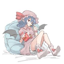 Rule 34 | 1girl, bat wings, bifidus (exkagerou8665), blue hair, bow legwear, hat, hat ribbon, highres, mob cap, one-hour drawing challenge, pillow, pink headwear, pink shirt, pink skirt, pocky day, pointy ears, red eyes, red ribbon, remilia scarlet, ribbon, shirt, sitting, skirt, socks, touhou, white background, wings