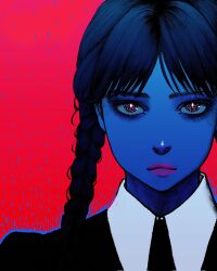 Rule 34 | 1girl, addams family, animification, black eyes, black hair, black necktie, braid, collared shirt, corrupted twitter file, highres, looking at viewer, necktie, nisino2222, red background, red lips, school uniform, shirt, simple background, solo, twin braids, wednesday (netflix), wednesday addams, white shirt