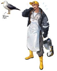 Rule 34 | 1boy, apron, baseball cap, bird, black jacket, boots, bucket, cat, cigarette, facial hair, fish, grey pants, hat, highres, holding, holding bucket, holding cigarette, jacket, long sideburns, long sleeves, male focus, open mouth, original, pants, personification, rinotuna, seagull, sideburns, simple background, smile, smoking, solo, stubble, white apron, white background, yellow footwear, yellow hat