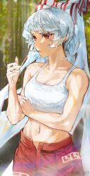 Rule 34 | 1girl, absurdres, amel 303, arm under breasts, bamboo, bamboo forest, bare shoulders, bow, breasts, cigarette, cleavage, collarbone, commentary request, fingernails, forest, fujiwara no mokou, hair bow, hand on own arm, highres, holding, holding cigarette, long hair, looking at viewer, medium breasts, nature, navel, ofuda, ofuda on clothes, open fly, pants, parted lips, red eyes, red pants, solo, tank top, touhou, twitter username, two-tone bow, upper body, very long hair, white hair, white tank top