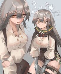 Rule 34 | :&lt;, ?, ??, @ @, absurdres, arknights, arms between legs, bird girl, breasts, brown cloak, brown shorts, cleavage, cloak, commentary request, dizzy, fartooth (arknights), feather hair, gauntlets, gloom (expression), grey hair, heavy breathing, high-waist shorts, highres, holding own arm, hood, hood down, hooded cloak, kaguura (kagu), large breasts, long hair, long sleeves, looking at viewer, multiple views, open mouth, puffy long sleeves, puffy sleeves, raised eyebrows, seeing stars, shirt, short shorts, shorts, side slit, side slit shorts, sweat, tearing up, thigh strap, thighs, translation request, trembling, white shirt, wide-eyed, yellow eyes