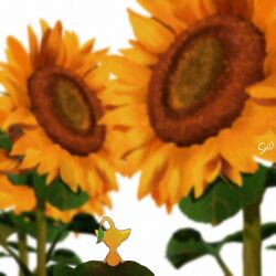 Rule 34 | blurry, blurry background, facing away, flower, flower focus, highres, leaf, nintendo, no humans, pikmin (creature), pikmin (series), sarii osaka, signature, simple background, sitting, solo, summer, sunflower, white background, yellow flower, yellow pikmin