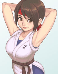 Rule 34 | 1girl, armpits, arms behind head, breasts, brown eyes, dougi, headband, lips, looking at viewer, maou alba, medium breasts, ryuuko no ken, simple background, smile, snk, solo, spandex, stretching, the king of fighters, the king of fighters xiv, yuri sakazaki