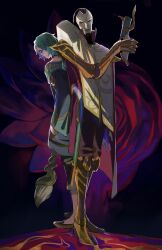 Rule 34 | 2boys, closed mouth, green hair, gun, hair over one eye, highres, holding, holding brush, holding gun, holding weapon, hwei (league of legends), imone illust, jhin, league of legends, long hair, long sleeves, looking at viewer, male focus, mask, mechanical arms, multiple boys, ponytail, purple eyes, red eyes, single mechanical arm, standing, weapon