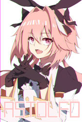 Rule 34 | 1boy, animal ears, astolfo (fate), astolfo (saber) (fate), astolfo (saber) (third ascension) (fate), black bow, black gloves, black ribbon, bow, bowtie, chromatic aberration, copyright name, dress, fate/grand order, fate (series), gloves, hair bow, hair intakes, hair ornament, hair ribbon, happy, highres, long sleeves, looking at viewer, low twintails, male focus, medium hair, multicolored hair, open mouth, pink hair, purple eyes, rabbit ears, rabbit hair ornament, ribbon, simple background, smile, solo, streaked hair, tanako (645316096), trap, twintails, white background