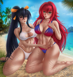 Rule 34 | 2girls, abs, aqua eyes, beach, bikini, black hair, blush, breasts, cleavage, cleavage cutout, clothing cutout, female focus, hair ornament, hair ribbon, hand on another&#039;s hip, hands on another&#039;s hips, hayes irina, high school dxd, himejima akeno, kneeling, large breasts, long hair, looking at viewer, midriff, multiple girls, navel, palm tree, ponytail, red eyes, red hair, rias gremory, ribbon, signature, swimsuit, tree, very long hair, white bikini, yellow ribbon