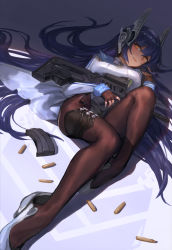 Rule 34 | 1girl, assault rifle, black pantyhose, blue hair, blush, breasts, bullet, bullpup, commentary, ecien, fingerless gloves, full body, girls&#039; frontline, gloves, gun, hair between eyes, hand in own hair, headgear, highres, holding, holding gun, holding weapon, iwi tavor, iwi tavor tar-21, large breasts, leotard, long hair, looking at viewer, lying, on back, pantyhose, parted lips, rifle, shade, shell casing, shoes, sidelocks, smile, solo, tar-21 (girls&#039; frontline), tavor tar-21, very long hair, weapon, white footwear, white leotard, yellow eyes
