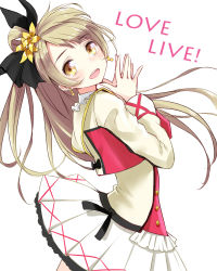 Rule 34 | 10s, 1girl, absurdres, blush, bow, brown eyes, brown hair, copyright name, earrings, fingers together, flower, hair bow, hair flower, hair ornament, highres, jewelry, long hair, looking at viewer, love live!, love live! school idol project, minami kotori, minato (shouno), open mouth, pleated skirt, skirt, smile, solo, steepled fingers