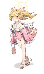 Rule 34 | 1girl, ahoge, bag, blonde hair, blue archive, bow, brown eyes, rabbit hair ornament, covered navel, frilled jacket, frilled swimsuit, frills, hair ornament, hairclip, handbag, highres, jacket, looking at viewer, nemo (leafnight), off shoulder, one-piece swimsuit, phone, pink bow, pink jacket, pink one-piece swimsuit, sandals, solo, stuffed animal, stuffed rabbit, stuffed toy, swimsuit, twintails, yoshimi (blue archive)