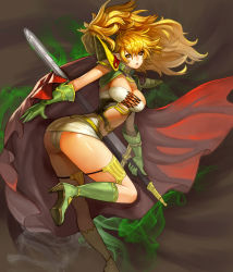 Rule 34 | 1girl, armor, blonde hair, boots, breasts, cape, cleavage, elf, female focus, gloves, gradient background, gurimjang, high heel boots, high heels, highres, large breasts, long hair, messy hair, original, pauldrons, pointy ears, ponytail, shoulder armor, solo, sword, warrior, weapon, yellow eyes