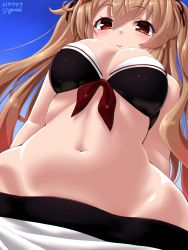 Rule 34 | 1girl, bikini, blush, breasts, brown eyes, closed mouth, dated, day, dd (ijigendd), from below, hair ornament, hair tie, hairclip, heterochromia, highres, kantai collection, large breasts, light brown hair, long hair, looking at viewer, murasame (kancolle), murasame kai ni (kancolle), navel, official alternate costume, outdoors, red eyes, solo, swimsuit, two side up, very long hair