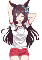 Rule 34 | 1girl, absurdres, animal ears, arms up, black hair, commentary request, hair between eyes, hair ornament, highres, horse ears, horse girl, horse tail, mejiro dober (umamusume), one eye closed, open mouth, purple eyes, senbonsang, shorts, simple background, sportswear, tail, umamusume, white background