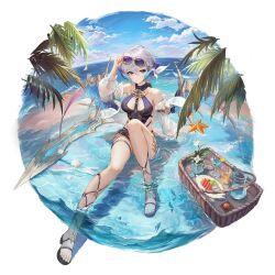 Rule 34 | 1girl, artist request, basket, blue sky, breasts, character request, cloud, cloudy sky, copyright request, cup, detached sleeves, drinking glass, feet, food, fruit, fruit slice, full body, grey hair, handkerchief, horns, large breasts, lemon, lemon slice, metal wings, ocean, palm tree, purple eyes, sandals, sky, source request, starfish, sunglasses on head, swimsuit, toes, transparent background, transparent sleeves, tree, water, wine glass, wings