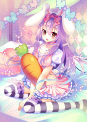 Rule 34 | 1girl, :d, animal ears, bad id, bad pixiv id, bed, carrot, diamond (shape), dress, frilled dress, frilled thighhighs, frills, happy, hugging object, looking at viewer, nanohana kohina, on bed, open mouth, original, pillow, pillow hug, puffy short sleeves, puffy sleeves, purple hair, rabbit ears, ribbon, short dress, short sleeves, sitting, smile, solo, star (symbol), striped clothes, striped thighhighs, thighhighs, yellow eyes