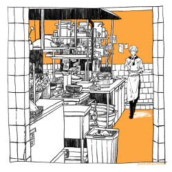 Rule 34 | 1boy, :q, apron, chef, itowo (itowc), kitchen, loaded interior, male focus, monochrome, one eye covered, one piece, orange theme, sanji (one piece), short hair, solo, tongue, tongue out