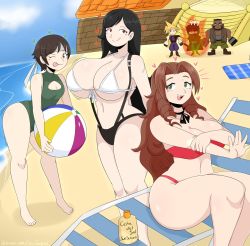 Rule 34 | 3boys, 3girls, aerith gainsborough, barefoot, barret wallace, beach, bikini, breasts, cleavage, cloud, cloud strife, costa del sol, feet, final fantasy, final fantasy vii, highres, huge breasts, jinu (jinusenpai), motion lines, multiple boys, multiple girls, ocean, outdoors, sand, sky, small breasts, standing, swimsuit, tifa lockhart, toes, vincent valentine, water, yuffie kisaragi