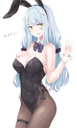 Rule 34 | 1girl, absurdres, animal ears, bare arms, bare shoulders, black bow, black bowtie, black hairband, black leotard, bow, bowtie, breasts, brown pantyhose, cleavage, collarbone, cowboy shot, cross hair ornament, detached collar, facial mark, fake animal ears, girls&#039; frontline, green eyes, hair ornament, hair scrunchie, hairband, hand on own chest, hand up, highres, hk416 (girls&#039; frontline), large breasts, leotard, long hair, looking at viewer, low twintails, pantyhose, parted lips, playboy bunny, rabbit ears, ru zhai, scrunchie, sidelocks, silver hair, simple background, skindentation, smile, solo, standing, thigh strap, translation request, twintails, w, wavy mouth, white background, wrist cuffs
