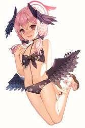 Rule 34 | 1girl, aile (crossroads), bikini, black bikini, black bow, black wings, blue archive, bow, front-tie bikini top, front-tie top, hair bow, halo, head wings, highres, koharu (blue archive), koharu (swimsuit) (blue archive), looking at viewer, low wings, medium hair, official alternate costume, pink eyes, red halo, simple background, solo, swimsuit, thighs, twintails, white background, wings