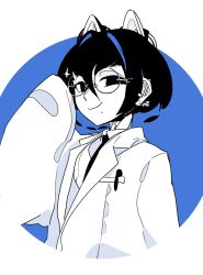 Rule 34 | 1girl, animal ears, black eyes, black hair, blue theme, breast pocket, cat ears, closed mouth, colored skin, glasses, hand up, idkuroi, kokubunji suou, lab coat, long sleeves, looking at viewer, mechanical ears, medium hair, mole, mole under mouth, multicolored hair, original, pen in pocket, pocket, round eyewear, sleeves past fingers, sleeves past wrists, smile, solo, streaked hair, white skin