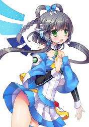Rule 34 | 1girl, bare shoulders, black hair, green eyes, hair ornament, hair rings, hand on own chest, headset, long hair, luo tianyi, open mouth, short hair with long locks, silveroid, smile, solo, vocaloid, vocanese