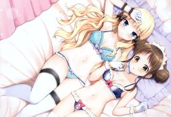 Rule 34 | 2girls, absurdres, arm up, bare shoulders, bed sheet, blonde hair, blue bra, blue eyes, blue panties, blunt bangs, blush, bow, bow bra, bow panties, bra, breasts, brown eyes, brown hair, cleavage, closed mouth, collarbone, double bun, dutch angle, frilled bra, frilled panties, frilled pillow, frills, gloves, groin, hair bun, highres, long hair, looking at viewer, lying, mauve, medium breasts, multiple girls, navel, on back, panties, parted lips, pillow, princess connect!, saren (princess connect!), saren (summer) (princess connect!), scan, sidelocks, suzume (princess connect!), thighhighs, underwear, underwear only, very long hair, white gloves, white legwear