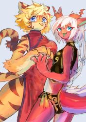 Rule 34 | 2girls, absurdres, blonde hair, blue eyes, borrowed character, chinese clothes, dragon, fu-chan, furry, highres, menmaomao, multiple girls, open mouth, ponytail, short hair, tiger, white hair