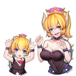 Rule 34 | 2girls, apron, bare shoulders, blonde hair, blue eyes, bowser jr., bowsette, bowsette jr., bracelet, breasts, cleavage, collar, crown, dress, flat chest, highres, horns, jewelry, kaiend, large breasts, long hair, looking at viewer, mario (series), mother and daughter, multiple girls, new super mario bros. u deluxe, nintendo, ponytail, sharp teeth, smile, spiked bracelet, spiked collar, spikes, super crown, teeth, v-shaped eyebrows