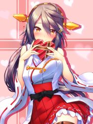 Rule 34 | 1girl, black hair, blush, breasts, brown eyes, closed mouth, detached sleeves, haruna (kancolle), heart, highres, kantai collection, large breasts, long hair, long sleeves, looking at viewer, nontraditional miko, red skirt, skirt, smile, solo, tsukui kachou, valentine