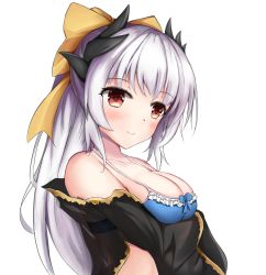Rule 34 | 1girl, bare shoulders, bikini, black horns, black jacket, blue bikini, blue bow, blush, bow, breasts, collarbone, commentary request, face, fate/grand order, fate (series), from side, grey hair, hair bow, hair ornament, highres, horns, jacket, kiyohime (fate), kiyohime (swimsuit lancer) (third ascension) (fate), long hair, looking at viewer, red eyes, simple background, smile, solo, swimsuit, taikoi7, white background, yellow bow
