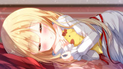 Rule 34 | 1girl, :o, akai haato, bare shoulders, bed sheet, blonde hair, blush, chinomaron, closed eyes, collarbone, commentary request, dress, grey dress, haaton (akai haato), heart, highres, hololive, long hair, long sleeves, lying, hugging object, off shoulder, on side, parted lips, red ribbon, ribbon, sleeping, sleeves past wrists, solo, stuffed animal, stuffed pig, stuffed toy, very long hair, virtual youtuber