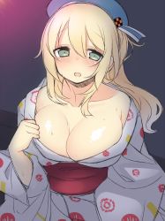 Rule 34 | 10s, 1girl, atago (kancolle), bad id, bad pixiv id, blonde hair, blue hat, blush, breasts, cleavage, green eyes, hat, japanese clothes, kantai collection, kimono, large breasts, long hair, looking at viewer, nekoume, off shoulder, open mouth, personification, smile, solo, sweat, yukata