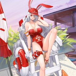 Rule 34 | 1girl, absurdly long hair, animal ears, azur lane, bare shoulders, baseball cap, beach umbrella, breasts, character name, cleavage, closed umbrella, collarbone, dishwasher1910, doughnut innertube, expressions, fake animal ears, feet, flip-flops, foot out of frame, full body, grey hair, hair over one eye, hat, highleg, highleg swimsuit, large breasts, leg up, legs, lifebuoy, lifeguard, lifeguard chair, long hair, looking at viewer, manjuu (azur lane), mole, mole on body, mole under eye, nail polish, official alternate costume, official art, one-piece swimsuit, one eye covered, playboy bunny swimsuit, pool, pouch, prinz heinrich (azur lane), prinz heinrich (rabbit on watch) (azur lane), promotional art, rabbit ears, red eyes, red hat, red one-piece swimsuit, sandals, solo, strapless, strapless one-piece swimsuit, sunglasses, swim ring, swimsuit, thigh pouch, toenail polish, toenails, toes, umbrella, very long hair, water, whistle, whistle around neck, white hair
