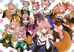 Rule 34 | 6+girls, ;), animal ear fluff, animal ears, animal hands, bare shoulders, bell, blue kimono, blue ribbon, blush, breasts, cat paws, closed eyes, collar, collarbone, commentary, commentary request, detached sleeves, double fox shadow puppet, drill hair, ears down, fangs, fate/extella, fate/extra, fate/extra ccc, fate/grand order, fate (series), fox ears, fox girl, fox shadow puppet, fox tail, glasses, gloves, green kimono, green ribbon, grey-framed eyewear, hair ribbon, highres, japanese clothes, jingle bell, kimono, koyanskaya (fate), large breasts, long hair, looking at viewer, merokonbu0, multiple girls, multiple persona, neck bell, one eye closed, open mouth, paw gloves, paw shoes, pink hair, pink kimono, pink ribbon, ponytail, red kimono, red ribbon, ribbon, shoes, short hair, side ponytail, smile, sweat, tail, tamamo (fate), tamamo aria (fate), tamamo cat (fate), tamamo cat (first ascension) (fate), tamamo no mae (fate/extra), twintails, very long hair, white-framed eyewear, yellow eyes, yellow ribbon