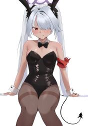 Rule 34 | 1girl, alternate costume, animal ears, bare shoulders, black bow, black bowtie, black leotard, blue archive, blush, bow, bowtie, breasts, brown pantyhose, closed mouth, commentary, covered navel, dark-skinned female, dark skin, demon tail, detached collar, fake animal ears, feet out of frame, female focus, frown, grey hair, hair bow, hair intakes, hair over one eye, halo, highres, invisible chair, iori (blue archive), leotard, long hair, looking at viewer, medium breasts, mintchoco (minchothudong), pantyhose, playboy bunny, rabbit ears, red eyes, scowl, simple background, sitting, skin tight, solo, strapless, strapless leotard, tail, thighband pantyhose, twintails, v-shaped eyebrows, white background, wing collar, wrist cuffs