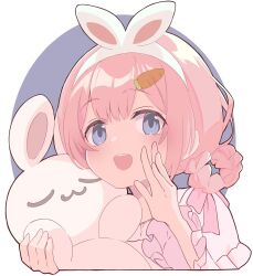 Rule 34 | 1girl, :d, animal ears, blue eyes, braided hair rings, carrot hair ornament, cropped torso, engawa de, fake animal ears, food-themed hair ornament, frilled sleeves, frills, hair ornament, hairband, hands up, highres, holding, holding stuffed toy, long sleeves, looking at viewer, nijisanji, official alternate costume, open mouth, pink hair, pink ribbon, rabbit ears, ribbon, smile, solo, stuffed animal, stuffed rabbit, stuffed toy, suo sango, suo sango (2nd costume), upper body, virtual youtuber, white hairband