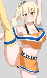 Rule 34 | 1girl, artist name, artist request, asymmetrical legwear, back bow, bare shoulders, belt, black belt, blonde hair, blue stripes, blue wristband, blush, bow, braid, breasts, brown eyes, cheerleader, cleavage, collarbone, crop top, female focus, french braid, grey background, hair between eyes, hair ornament, hair ribbon, hair tie, hairclip, heart, heart necklace, high ponytail, highres, jewelry, leg up, long hair, looking at viewer, love live!, love live! nijigasaki high school idol club, love live! school idol festival, medium breasts, miniskirt, mismatched legwear, miyashita ai, necklace, off shoulder, orange eyes, orange legwear, orange shirt, orange skirt, parted lips, plaid, plaid skirt, pleated, pleated skirt, pom pom (cheerleading), ponytail, ribbon, saiko heart (love live!), scrunchie, shirt, short ponytail, side ponytail, single braid, single stripe, skirt, smile, solo, standing, standing on one leg, tank top, text focus, white legwear, wrist cuffs, wrist scrunchie, wristband, yellow eyes