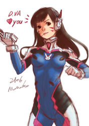 Rule 34 | 1girl, absurdres, animal print, artist name, bodysuit, breasts, brown eyes, brown hair, character name, clenched hand, covered navel, cowboy shot, d.va (overwatch), facepaint, facial mark, gloves, gun, headphones, heart, high collar, highres, holding, holding gun, holding weapon, light smile, long hair, looking at viewer, medium breasts, meng huo tao, overwatch, overwatch 1, pilot suit, rabbit print, ribbed bodysuit, shoulder pads, signature, sketch, skin tight, solo, swept bangs, weapon, whisker markings, white gloves
