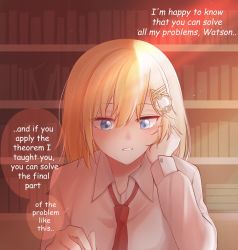 Rule 34 | 1girl, blonde hair, blouse, blue eyes, bookshelf, collared shirt, commentary, english commentary, english text, hair between eyes, hair ornament, head rest, highres, hololive, hololive english, library, long sleeves, medium hair, mittsu, necktie, parted lips, red necktie, shirt, solo, speech bubble, upper body, virtual youtuber, watson amelia, white shirt