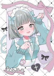 Rule 34 | 1girl, :d, apron, blue bow, blue jacket, blush, bow, cropped torso, earrings, fang, frilled apron, frills, grey eyes, grey hair, hair bow, hands up, highres, idoly pride, jacket, jersey maid, jewelry, kana (idoly pride), long sleeves, looking at viewer, maid, maid headdress, open mouth, partially unzipped, paw pose, short hair, sidelocks, simple background, skin fang, sleeve cuffs, smile, solo, track jacket, unconventional maid, white apron, white background, xx ly xo, zipper
