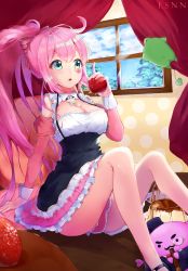 Rule 34 | 1girl, absurdres, apple, ass, breasts, cleavage, cleavage cutout, clothing cutout, detached sleeves, dress, eating, food, fruit, green eyes, hair ribbon, highres, holding, holding food, holding fruit, indoors, long hair, medium breasts, multicolored clothes, multicolored dress, open mouth, pink hair, pink ribbon, polka dot, ponytail, pudding, ribbon, ribbon-trimmed dress, sitting, solo, star (symbol), staring, strawberry, uni (vocaloid), very long hair, vocaloid