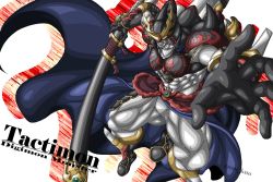 Rule 34 | 1boy, armor, artist name, artist request, attack, black cape, cape, character name, digimon, digimon (creature), full armor, holding, holding sword, holding weapon, horns, jumping, looking at viewer, muscular, no humans, samurai, shoulder armor, simple background, solo, standing, sword, tactimon, weapon, yellow eyes