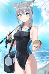 Rule 34 | 1girl, animal ears, auui, bare shoulders, blue archive, blue eyes, grey hair, highres, looking at viewer, outdoors, shiroko (blue archive), short hair, solo, swimsuit
