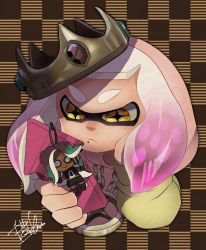 Rule 34 | + +, 1girl, cellphone, character doll, checkered background, closed mouth, crown, frown, gem, highres, holding, holding phone, inkling, isamu-ki (yuuki), long sleeves, marina (splatoon), medallion, medium hair, mole, mole under mouth, multicolored hair, nintendo, octoling, pearl (splatoon), phone, pink hair, signature, smartphone, solo, splatoon (series), splatoon 2, splatoon 2: octo expansion, symbol-shaped pupils, tentacle hair, two-tone hair, white hair, yellow eyes
