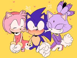 Rule 34 | 1boy, 2girls, amy rose, animal ears, blaze the cat, blue fur, blush, cat ears, closed eyes, dress, forehead jewel, fur-trimmed gloves, fur trim, furry, furry female, furry male, gloves, green eyes, hairband, heart, highres, kiss, multiple girls, own hands together, pink fur, ponytail, purple fur, red dress, red hairband, simple background, sonic (series), sonic the hedgehog, stellarspin, white gloves, yellow background